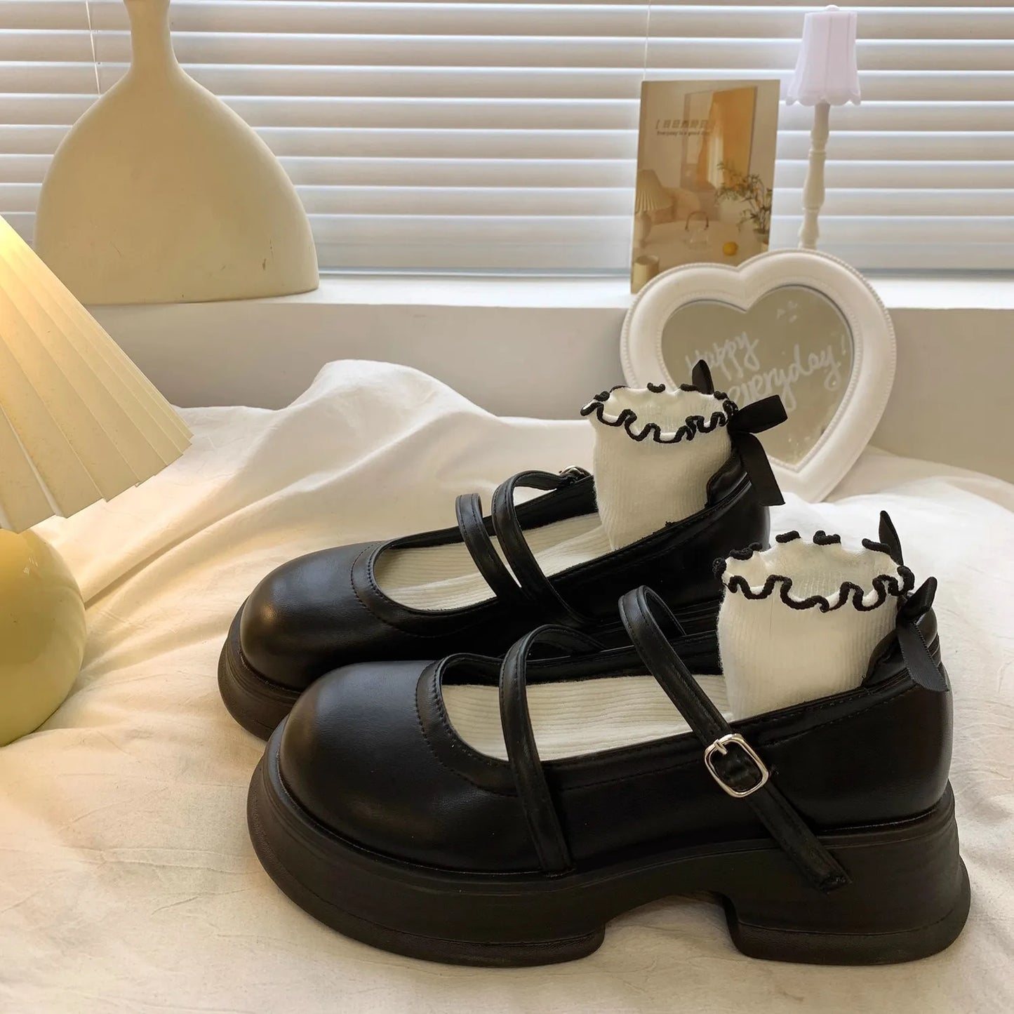 Dark Academia Leather Platform Shoes - Black Gothic