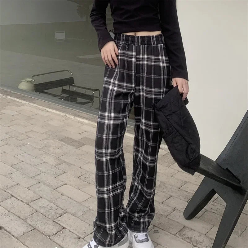 Dark Academia Plaid Wide Leg Pants - Winter Casual Style