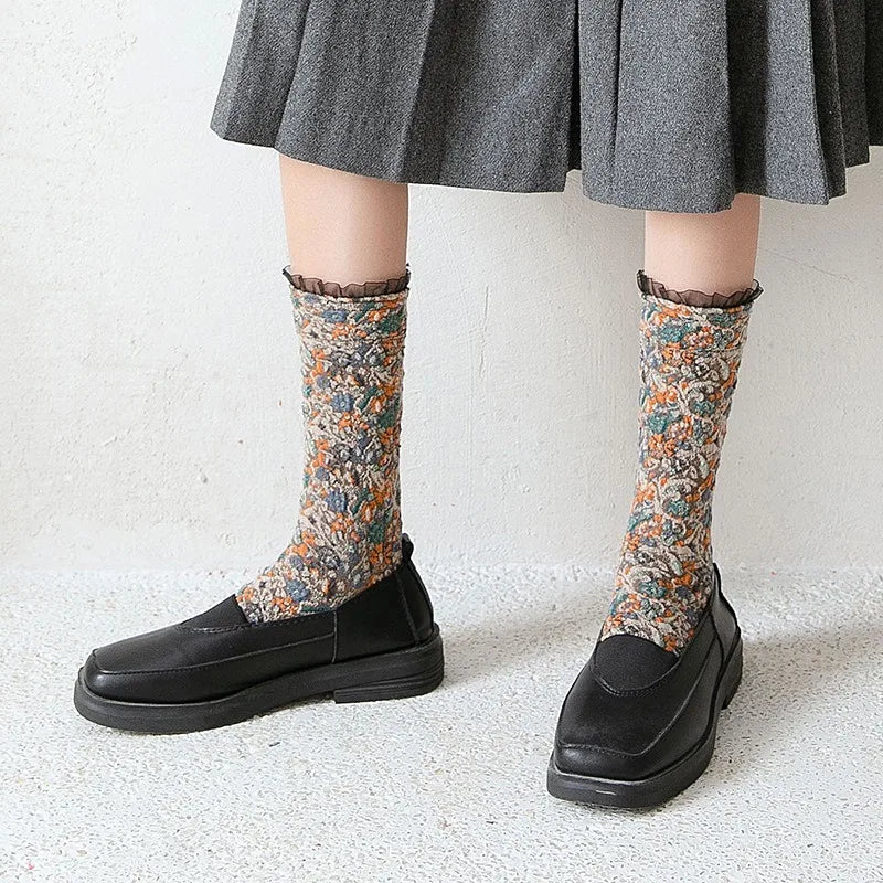 Dark Academia Ethnic Lacework Ruffle Crew Socks