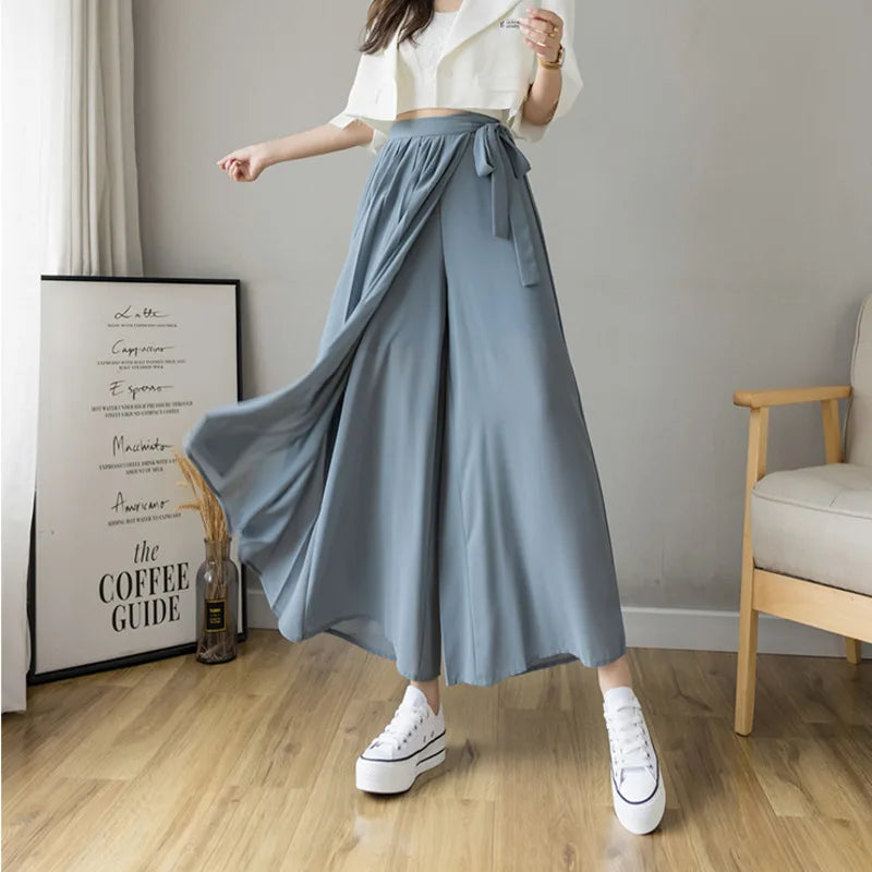 Dark Academia Pleated Wide Leg Pants - High Waist Chiffon