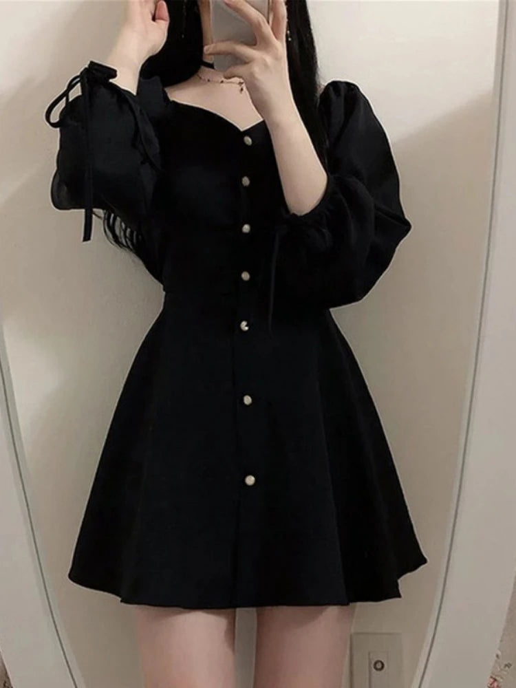 Dark Academia A-Line Mini Dress - Button Vintage