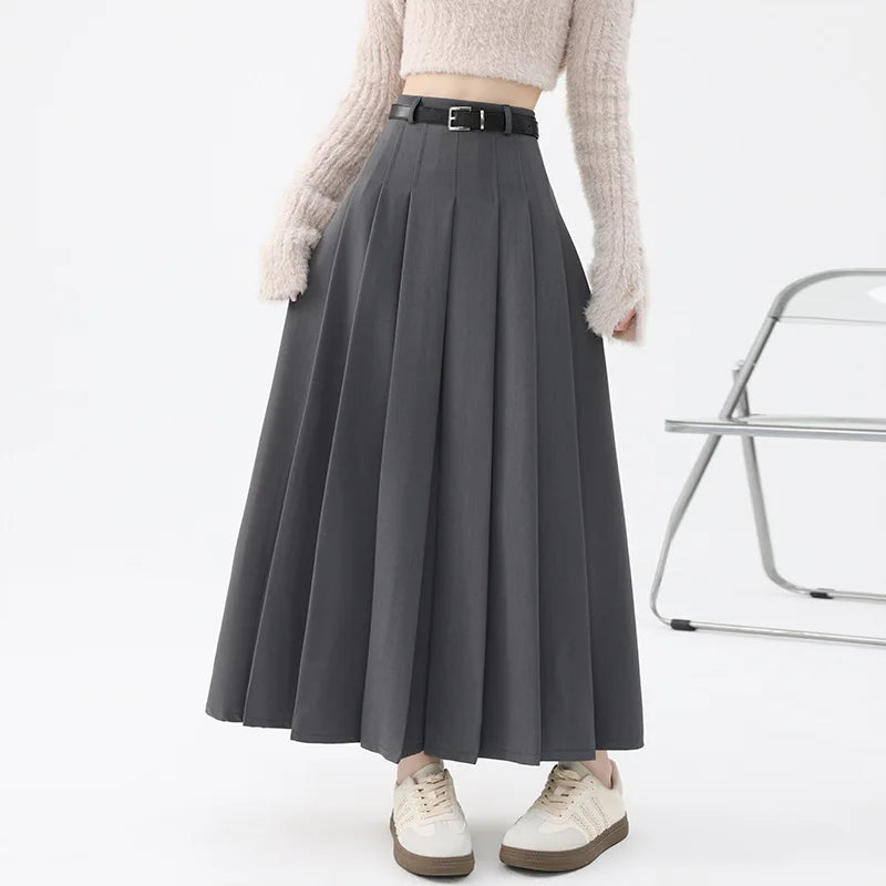 Dark Academia Beige A-Line Skirt - High Waist College