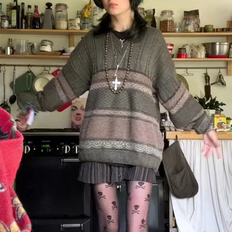 Dark Academia Graphic Striped Sweater - Y2K Grunge