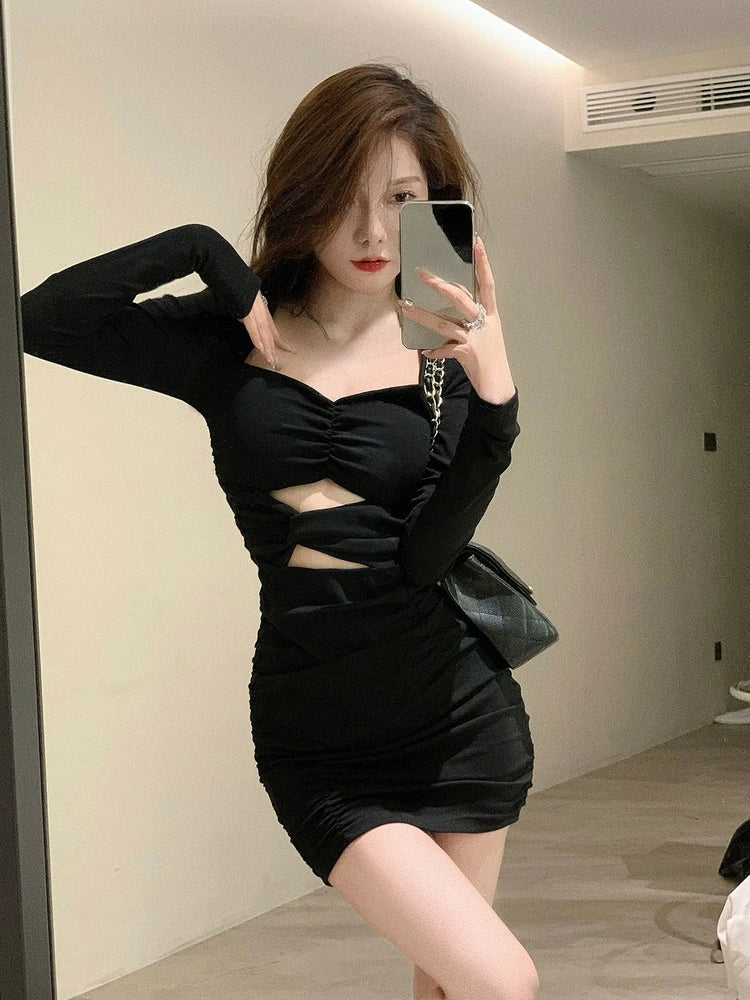 Dark Academia Black Bodycon Dress - Elegant Office Mini