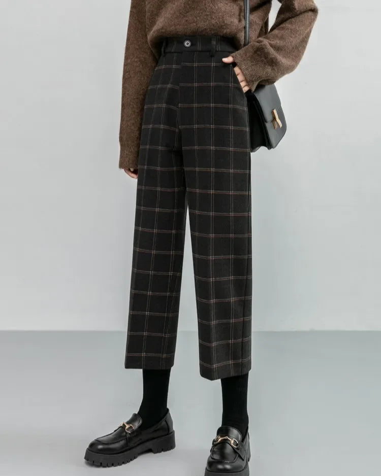 Dark Academia Plaid Woolen Pants - Straight Leg Trousers