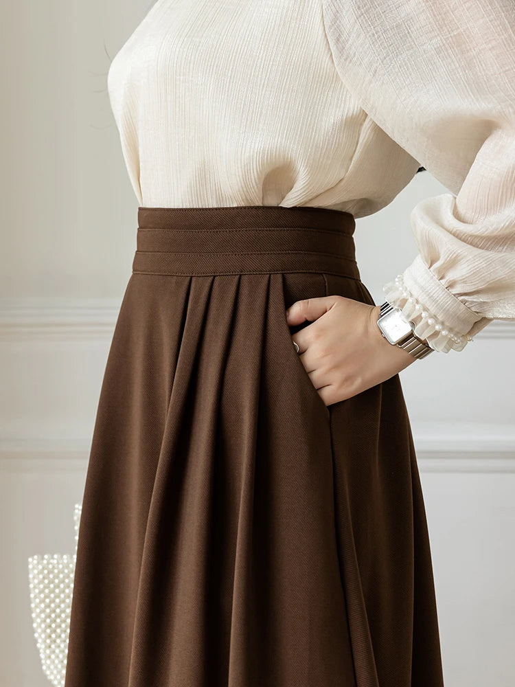 Dark Academia Coffee Midi Skirt - High Waist Elegant Style