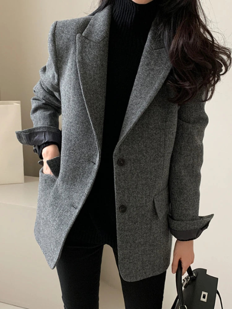 Dark Academia Black Tweed Coat - Woolen Thick