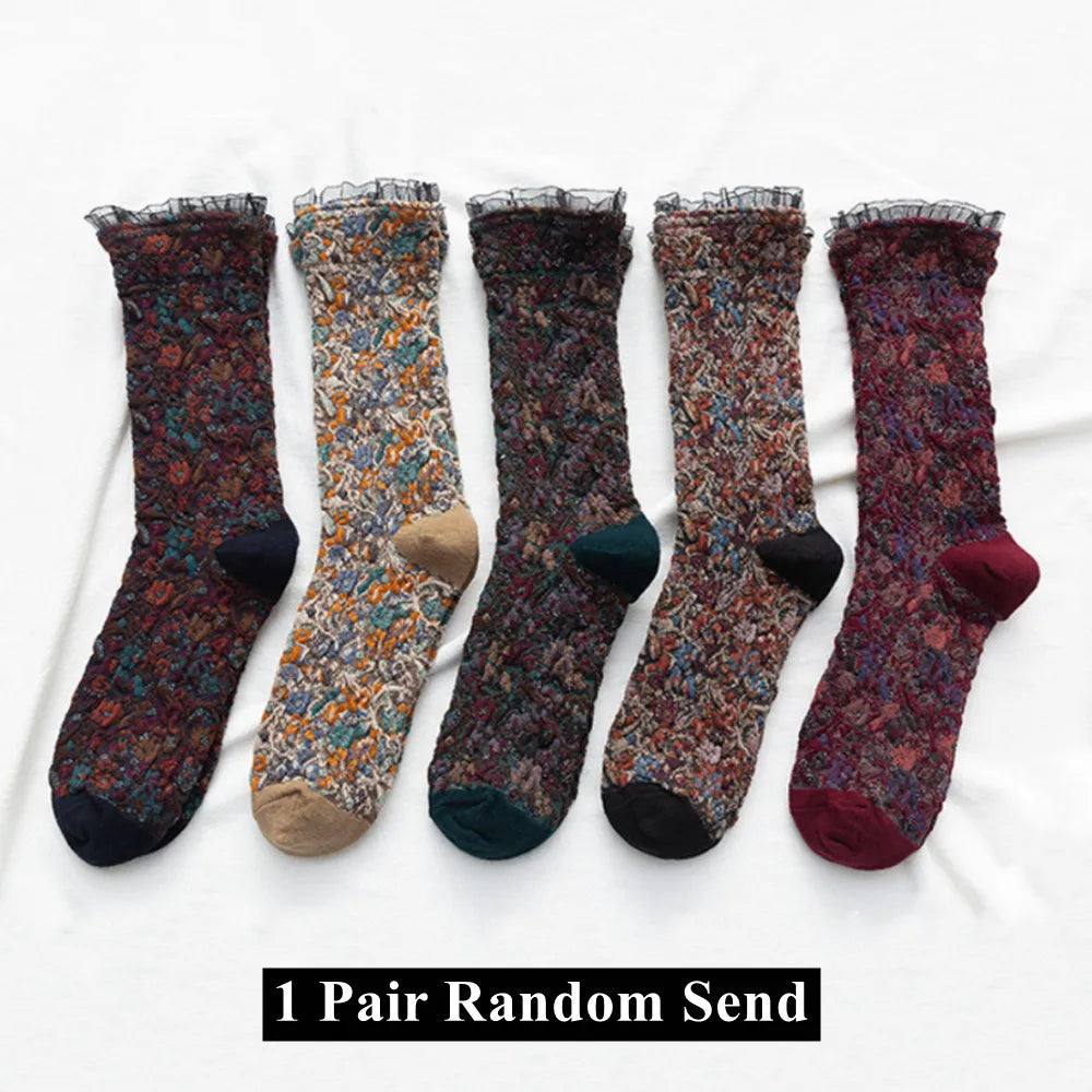 Dark Academia Ethnic Lacework Ruffle Crew Socks