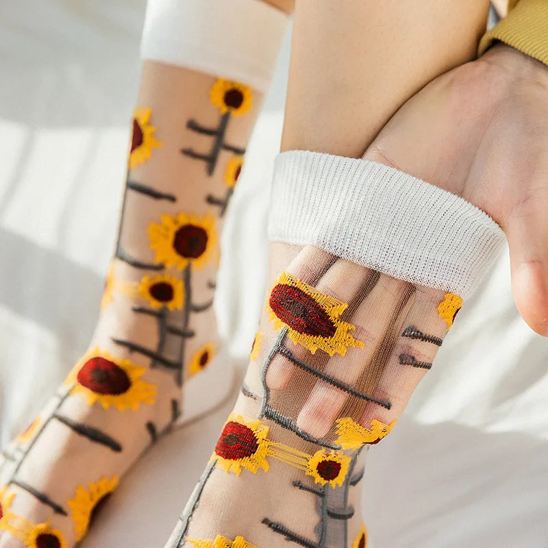 Dark Academia Crystal Glass Silk Mesh Long Socks