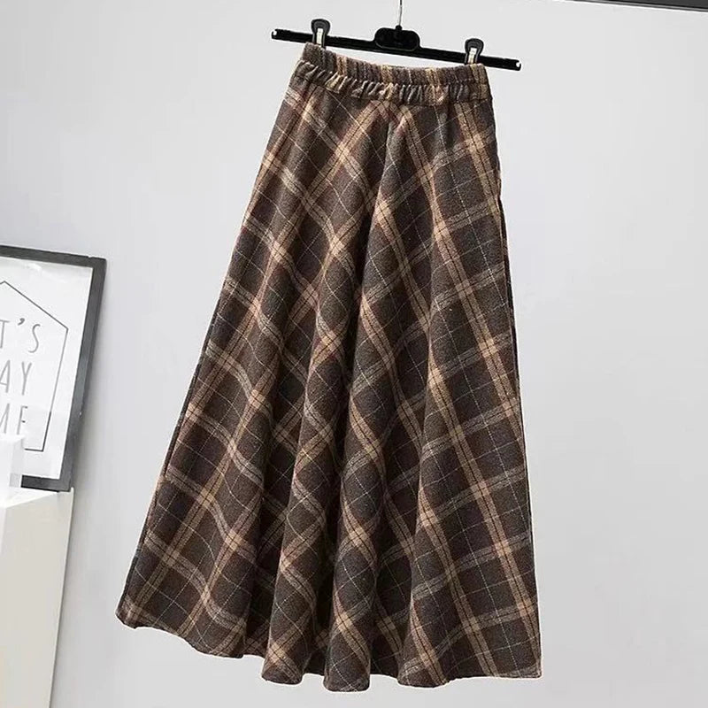 Dark Academia Plaid Woolen Skirt - High Waist A-Line Pleated