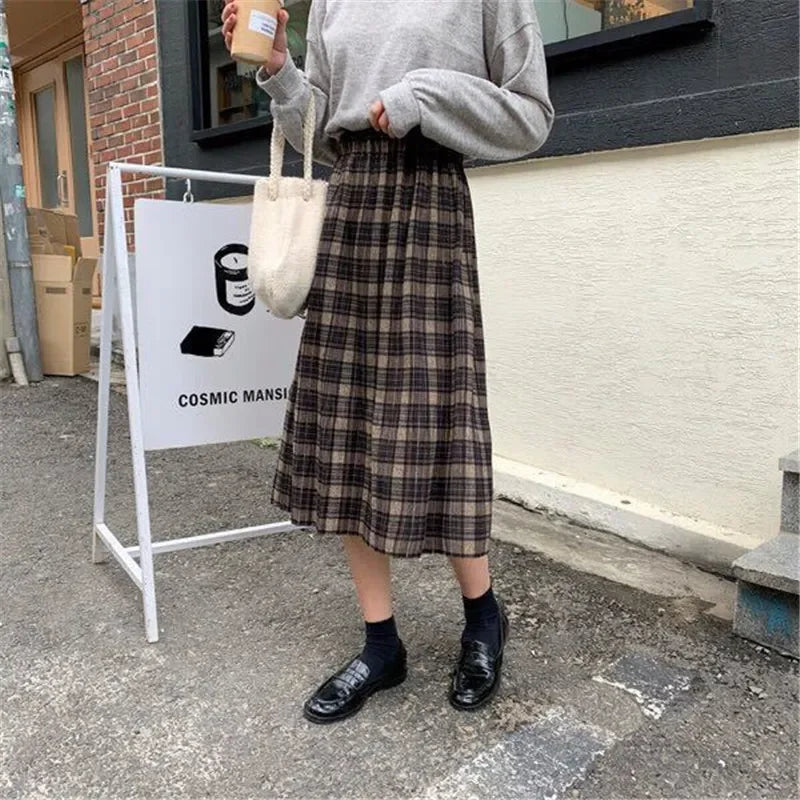 Dark Academia Wool Plaid Pleated Skirt - High Waist Long