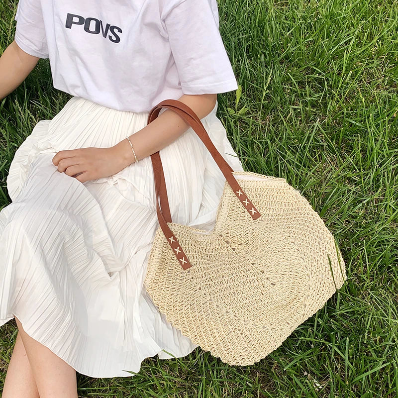 Dark Academia Straw Woven Tote - Rattan Beach