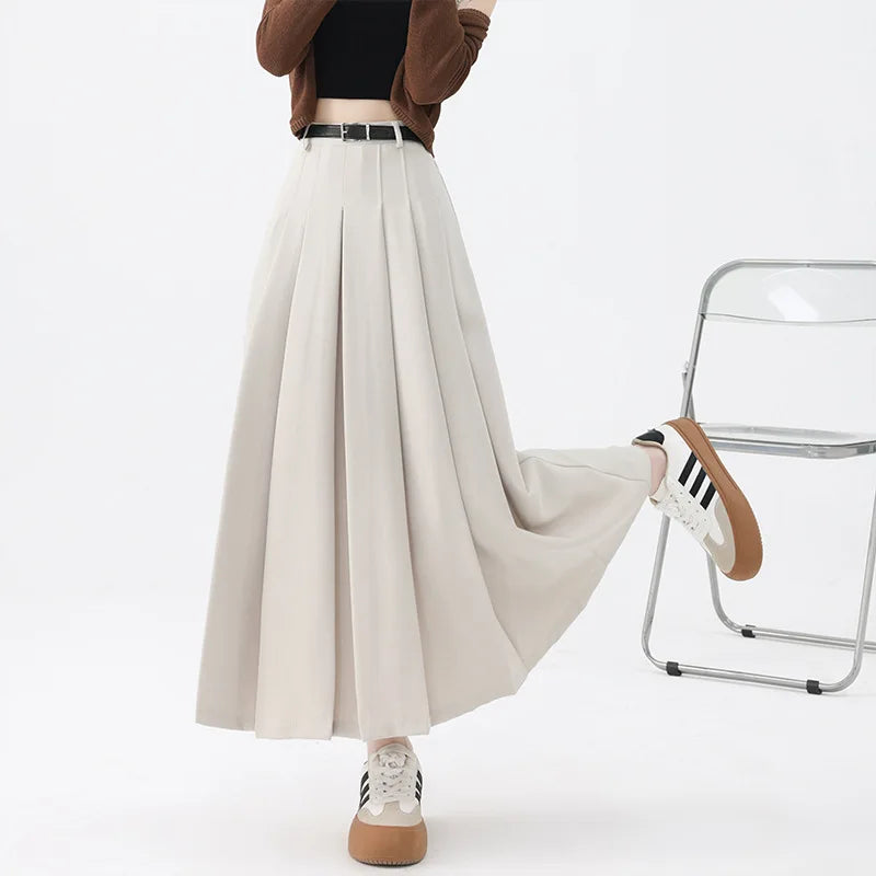 Dark Academia Beige A-Line Skirt - High Waist College
