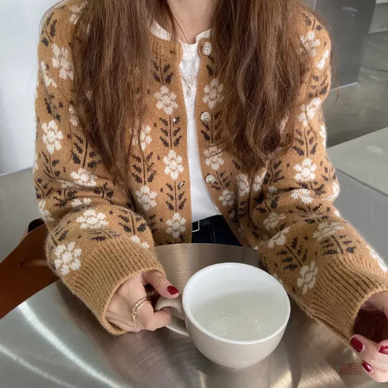 Dark Academia Floral O-Neck Cardigan - Sweet Retro