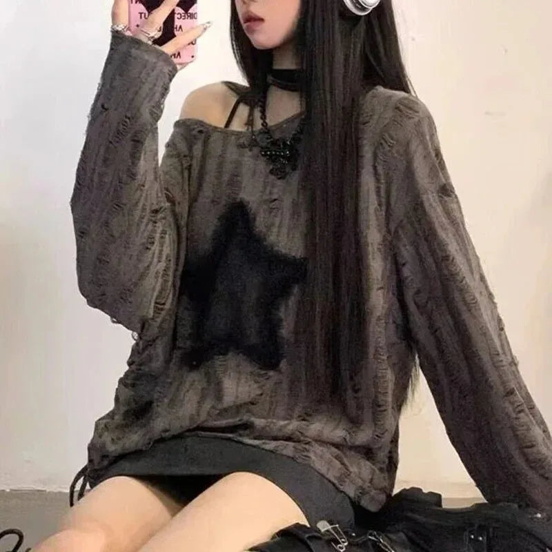 Dark Academia Y2K Star Print Sweater - Off Shoulder