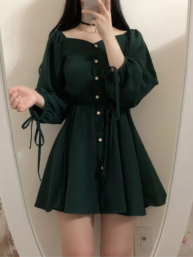 Dark Academia A-Line Mini Dress - Button Vintage