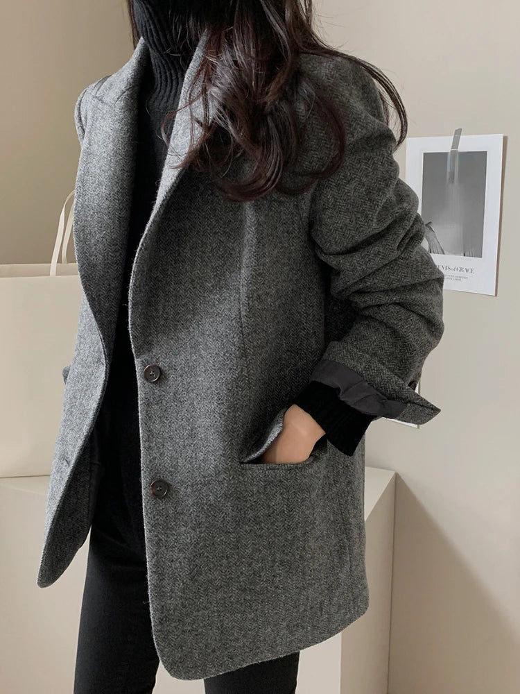 Dark Academia Black Tweed Coat - Woolen Thick