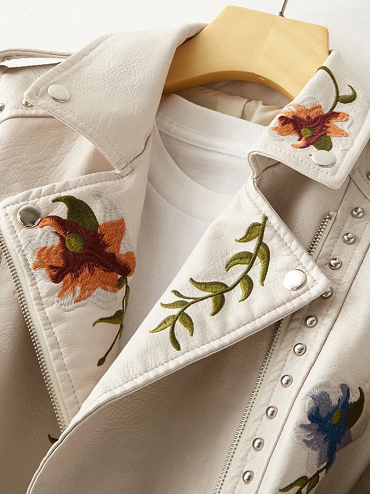 Dark Academia Floral Leather Jacket - Embroidered