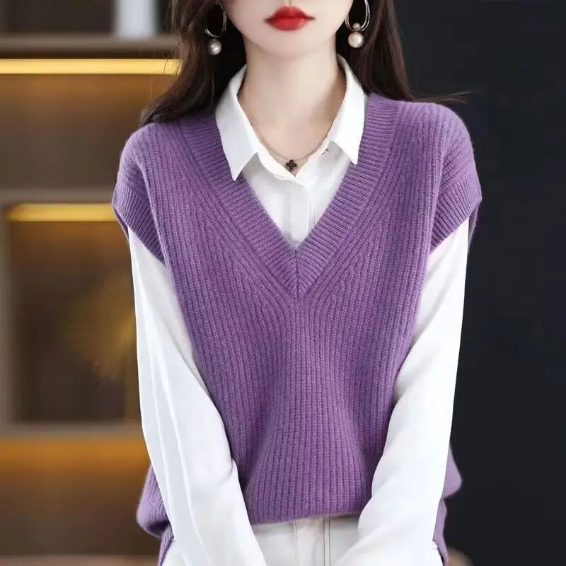 Dark Academia Solid Knitted Vest - V-Neck Loose