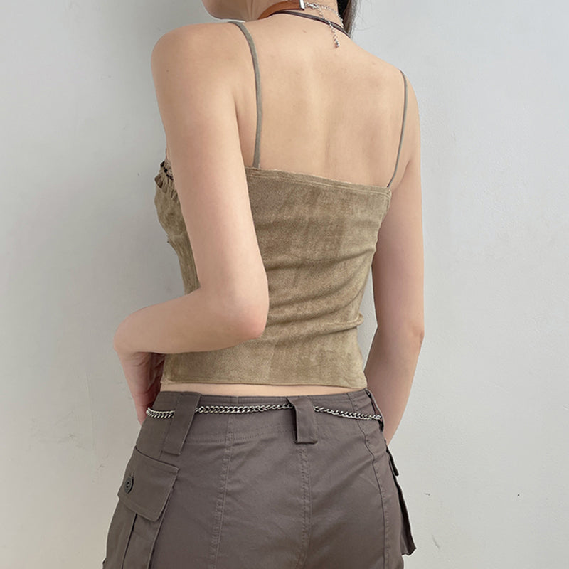 Dark Academia V-Neck Suede Top - Frill Lace Trim