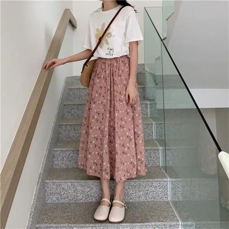 Dark Academia Floral A-Line Pleated Skirt - Elastic Waist