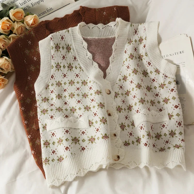 Dark Academia Vintage Print Vest - V-Neck Loose
