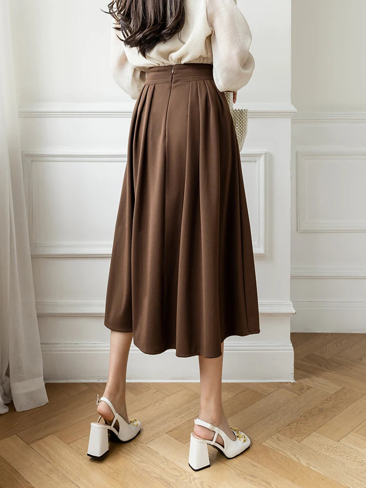 Dark Academia Coffee Midi Skirt - High Waist Elegant Style