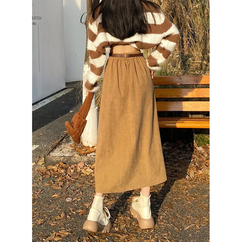 Dark Academia Corduroy Midi Skirt - High Waist Belt Style