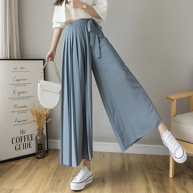Dark Academia Pleated Wide Leg Pants - High Waist Chiffon