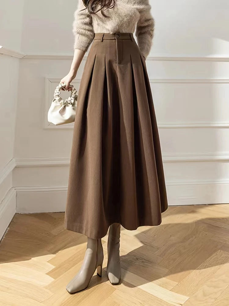 Dark Academia Woolen Midi Skirt - High Waist Office Style