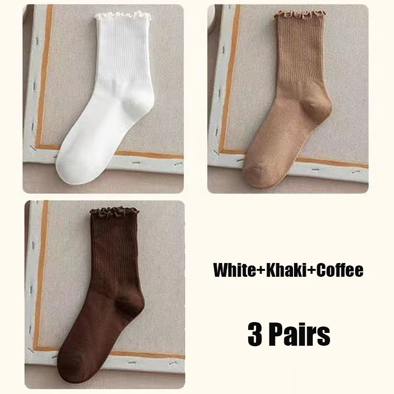 Dark Academia Ruffle Cotton Tube Socks 3-Pack