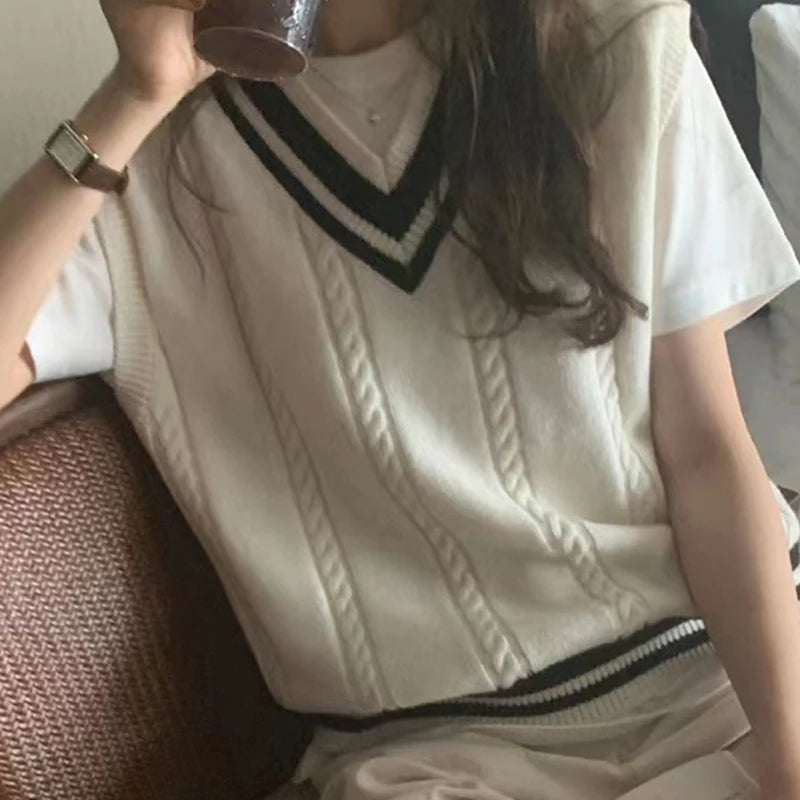 Dark Academia Patchwork Vest - V-Neck Rib Preppy