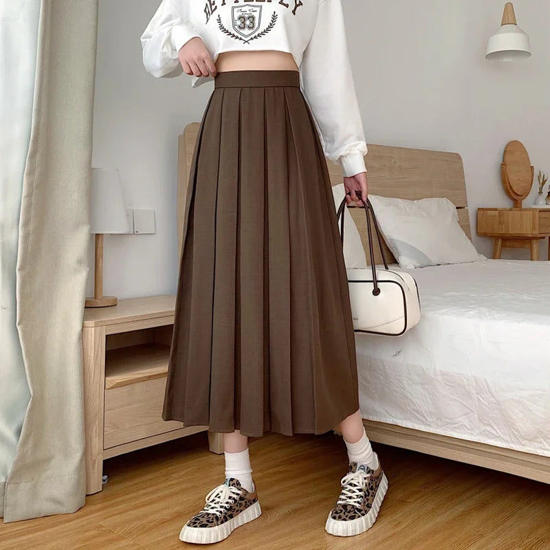 Dark Academia Pleated Midi Skirt - High Waist A-Line Style