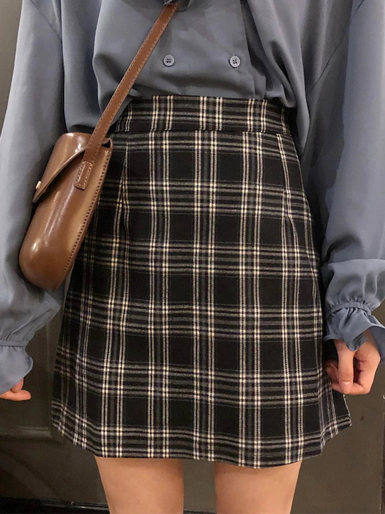 Dark Academia Retro Plaid Mini Skirt - High Waist A-Line