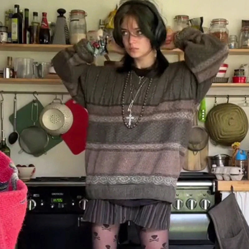 Dark Academia Graphic Striped Sweater - Y2K Grunge