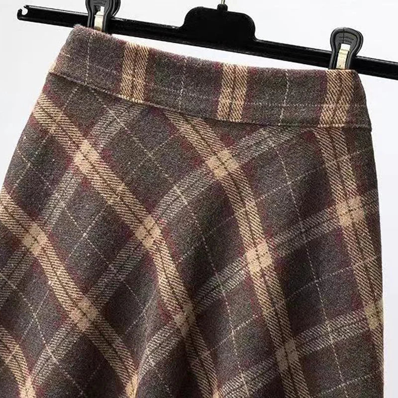 Dark Academia Plaid Woolen Skirt - High Waist A-Line Pleated