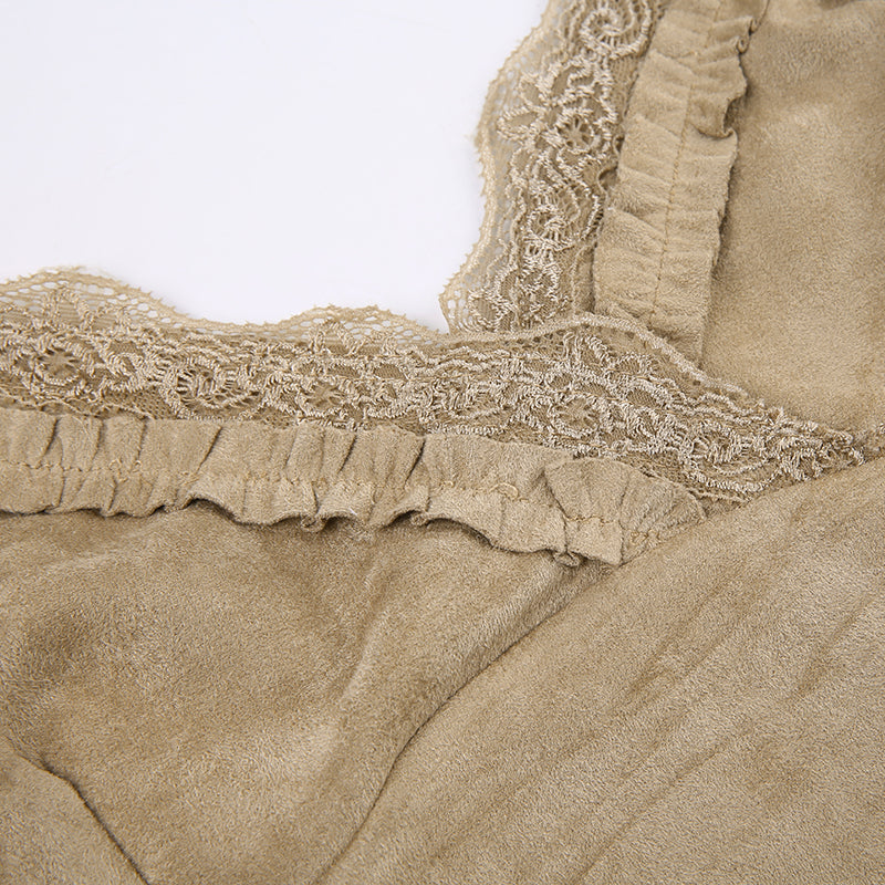 Dark Academia V-Neck Suede Top - Frill Lace Trim