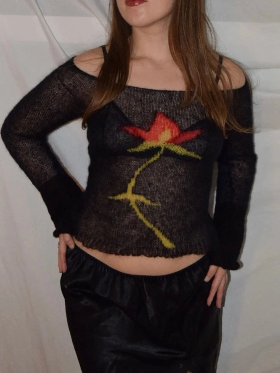 Dark Academia Y2K Flower Sweater - Vintage Print