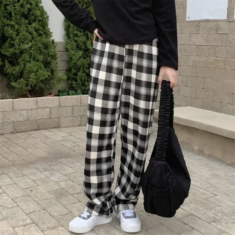 Dark Academia Plaid Wide Leg Pants - Winter Casual Style