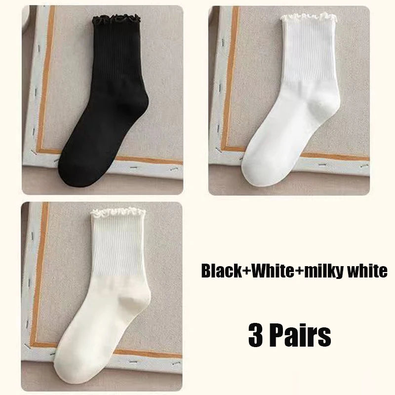Dark Academia Ruffle Cotton Tube Socks 3-Pack