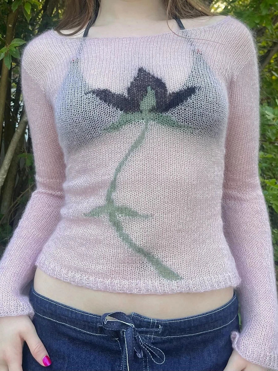 Dark Academia Y2K Flower Sweater - Vintage Print