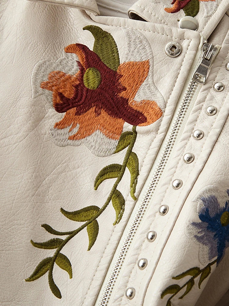 Dark Academia Floral Leather Jacket - Embroidered