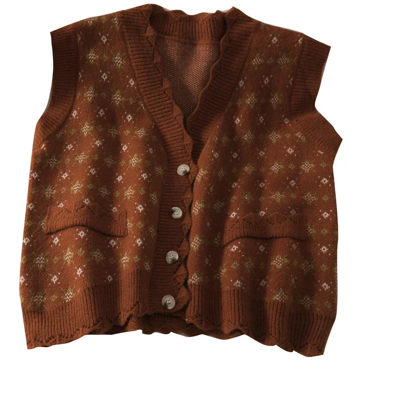 Dark Academia Vintage Print Vest - V-Neck Loose