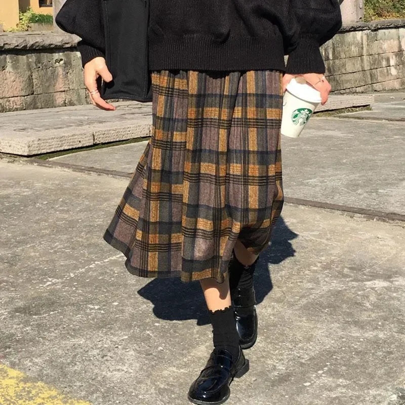 Dark Academia Wool Plaid Pleated Skirt - High Waist Long
