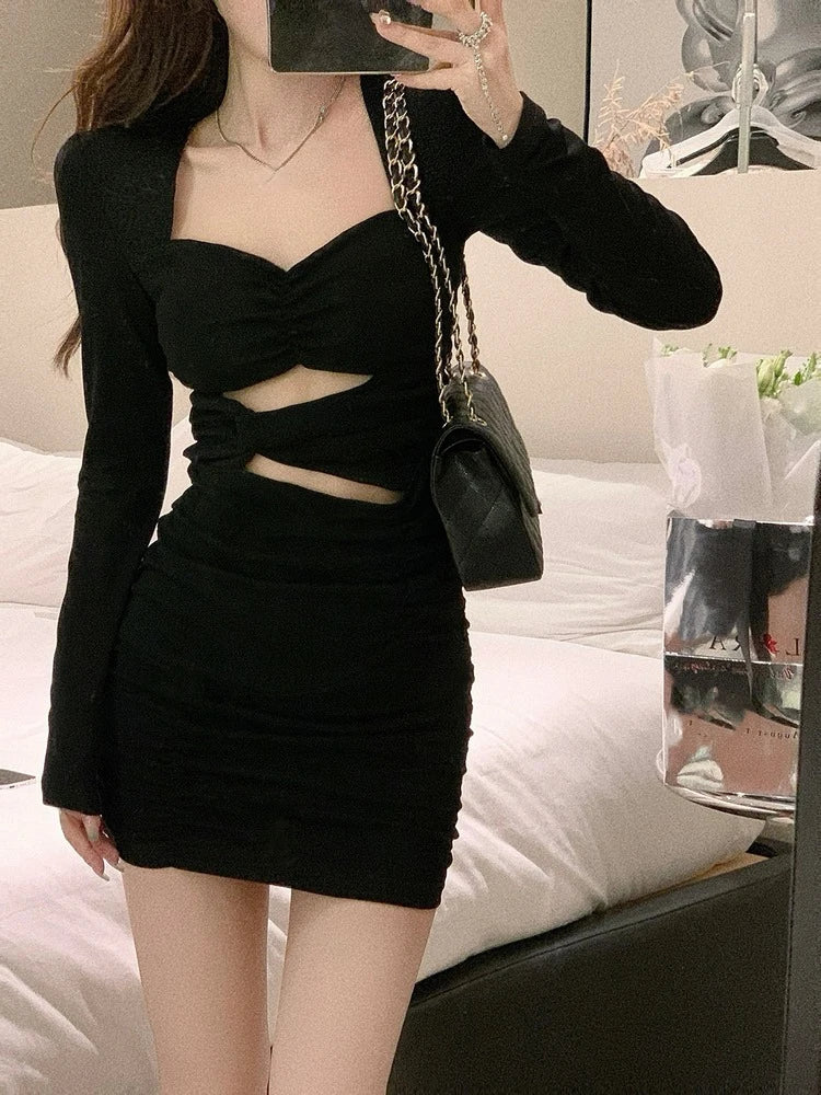 Dark Academia Black Bodycon Dress - Elegant Office Mini