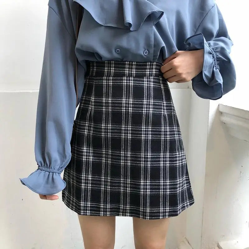 Dark Academia Retro Plaid Mini Skirt - High Waist A-Line