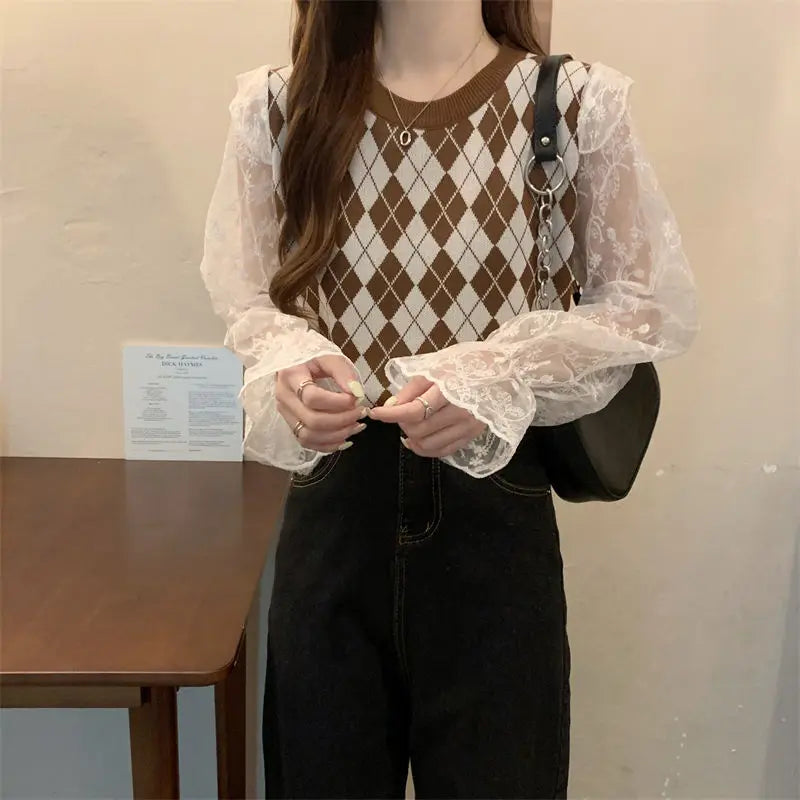 Dark Academia Diamond Grid Vest - Two-Piece Style