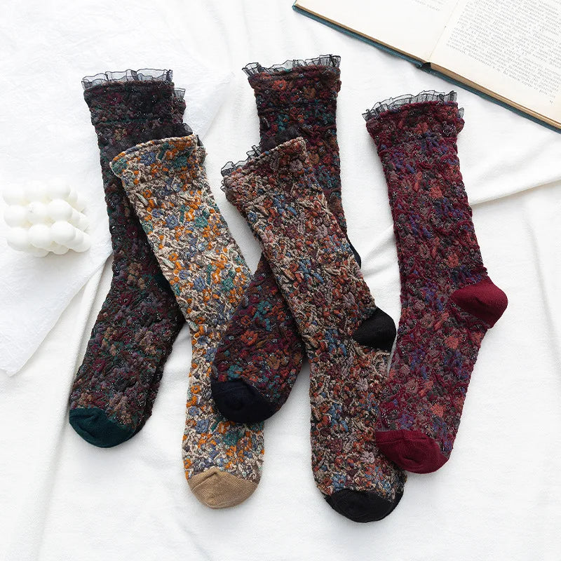 Dark Academia Ethnic Lacework Ruffle Crew Socks