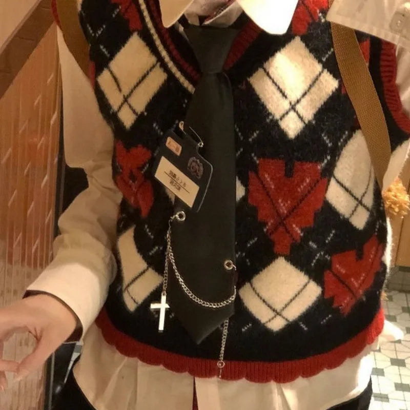 Dark Academia Plaid Sweater Vest - V-Neck Preppy