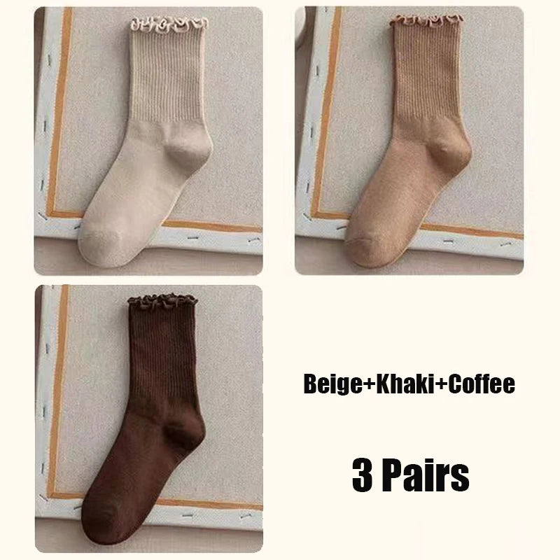 Dark Academia Ruffle Cotton Tube Socks 3-Pack
